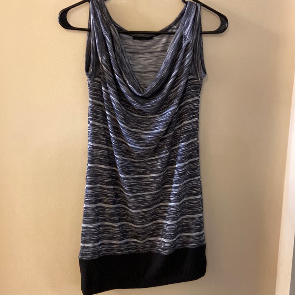 Sleeveless long black/grey/white tunic with cowl neck & elasticized drop waist